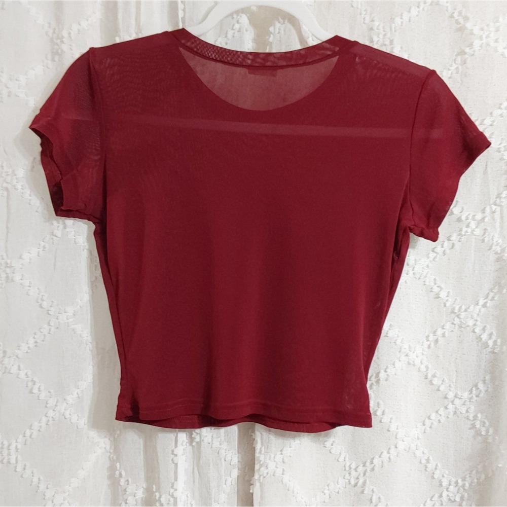 Free People Womens XS Burgundy Mesh Short Sleeve Sheer Crop Top OB606145